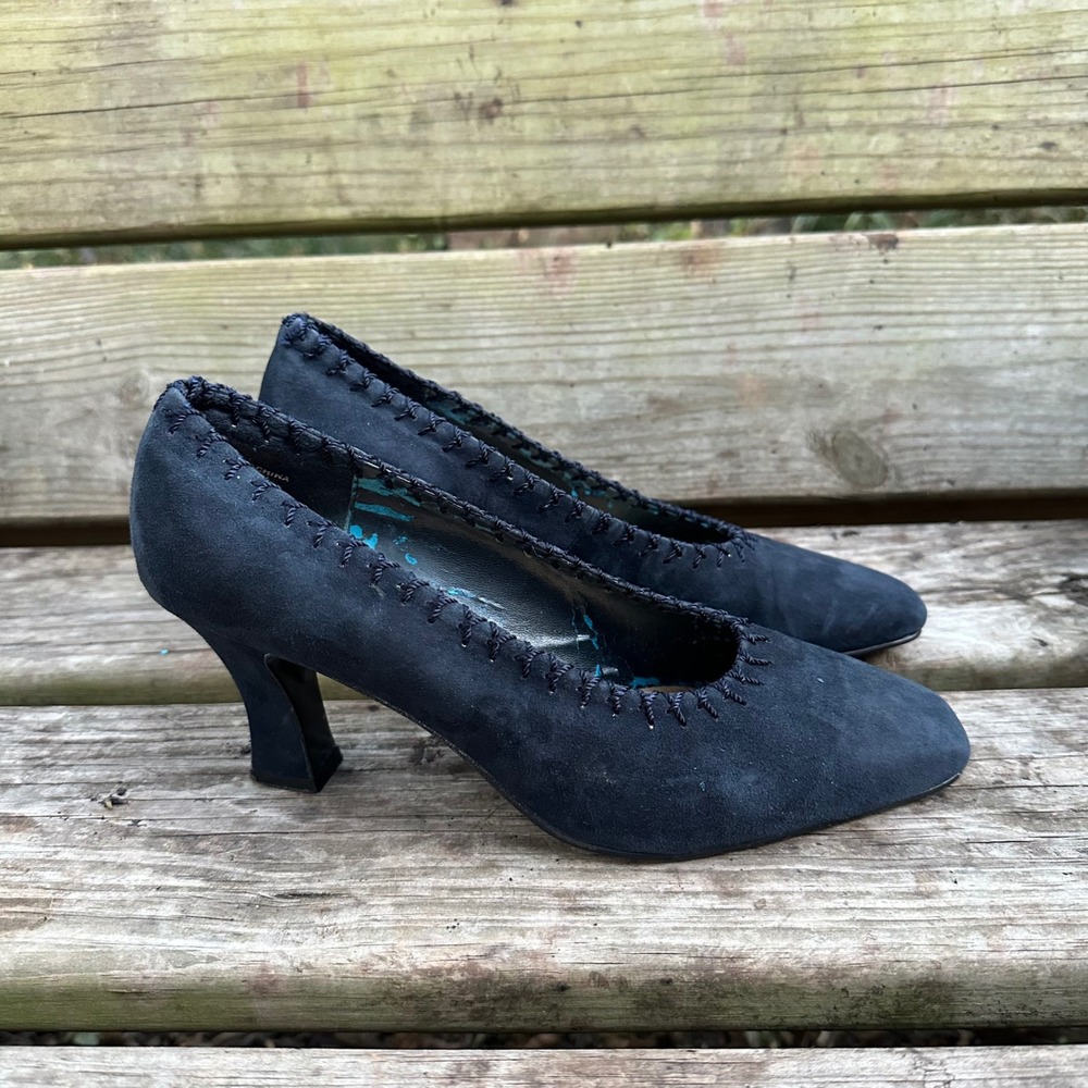 Vintage Amanda Smith Marilyn Kid Suede Pumps Pointed Toe Heels Navy Blue Sz 9.5